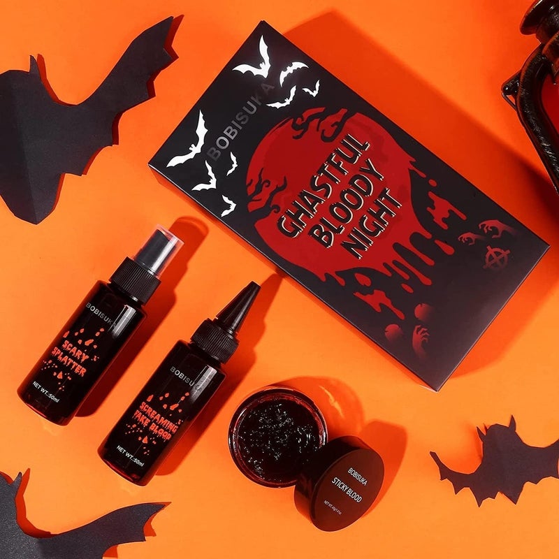 BOBISUKA 3PCS Halloween Makeup Kit - Coagulated 1.41oz + Spray 1.76oz + Dripping 1.76oz, Realistic Washable SFX Makeup for Zombie Monster Mouth Clothes Dress Up - Image 2